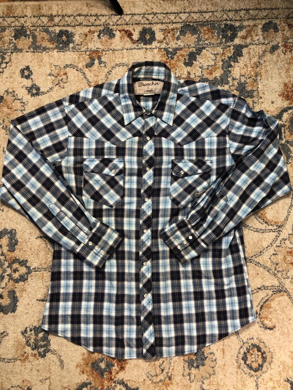 Wrangler Wrancher Shirt Mens Large Blue Plaid Western Pearl Snap Long Sleeve